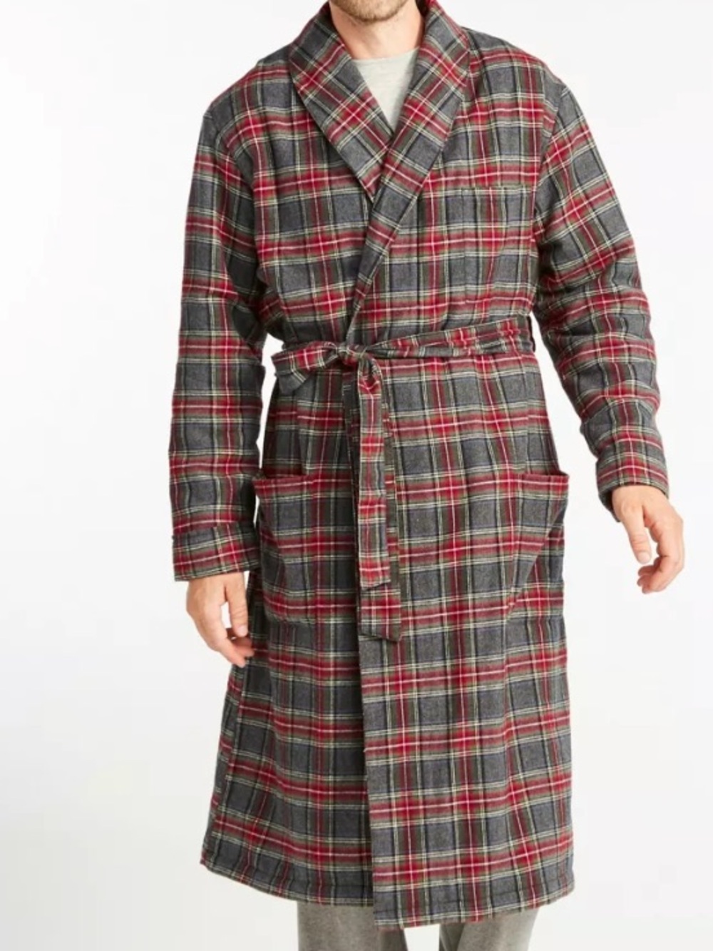 L.L.Bean Robe Men S Gray Plaid Flannel Sherpa Lined Long Sleeve Missing Belt